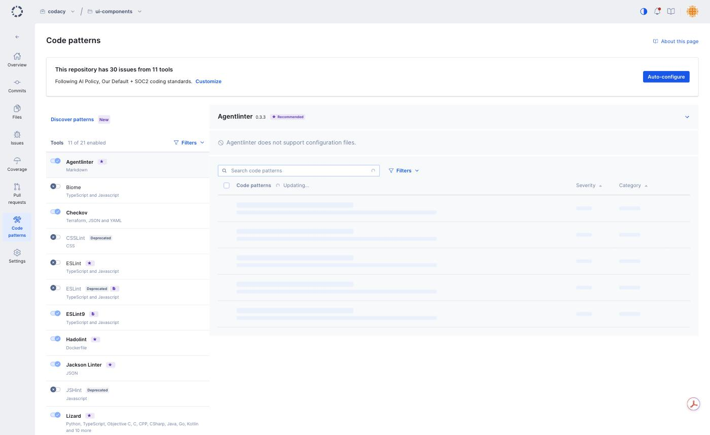 The Code patterns page, with the repository's issue count and the Auto-configure button